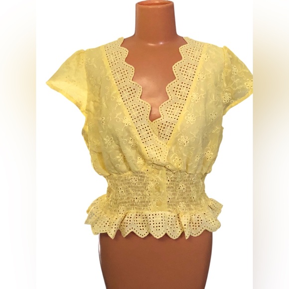 rose and grey Tops - Rose and Grey Chic Yellow Eyelet Cropped Blouse